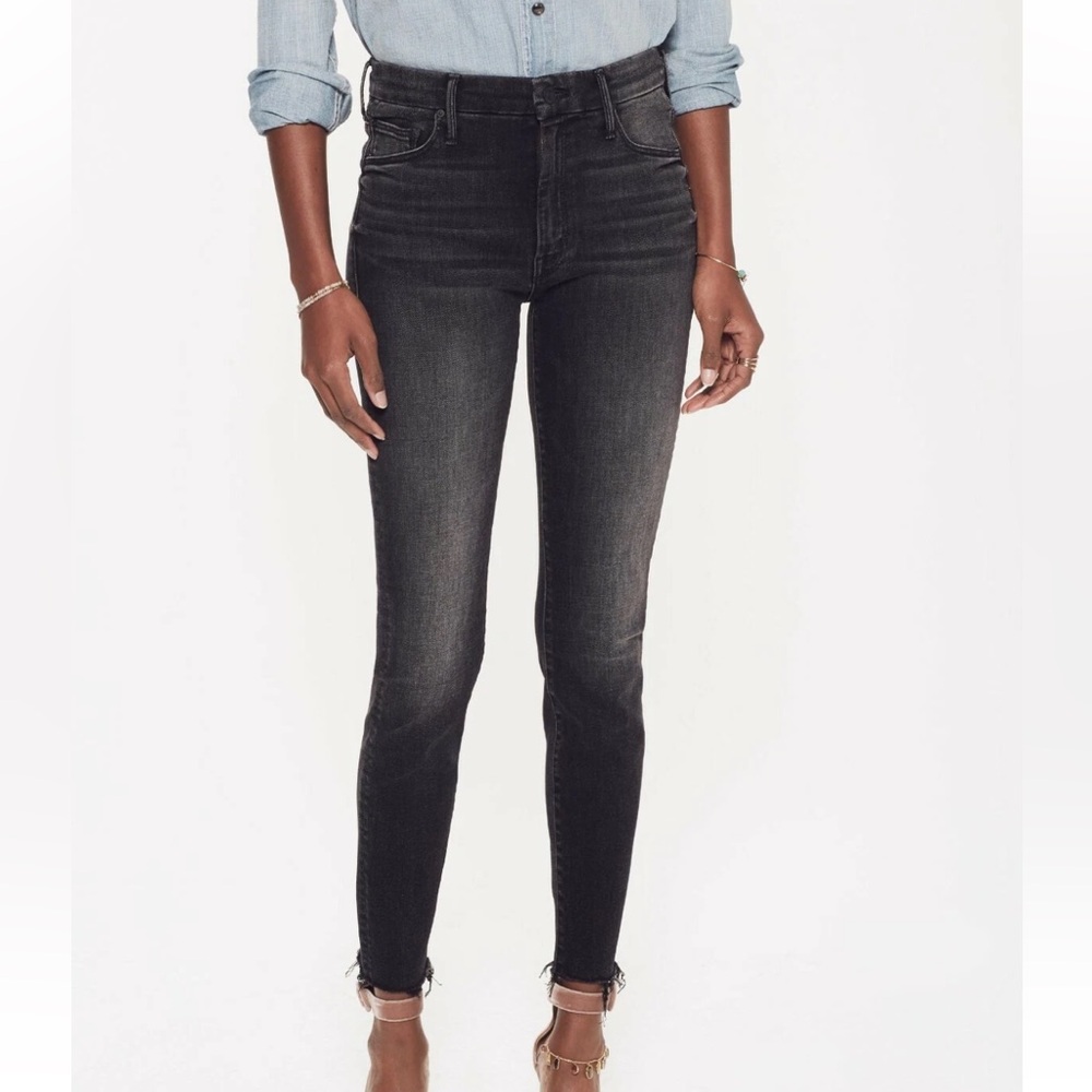 MOTHER High Waisted Looker Ankle Fray Jeans Women’s 26 Night Hawk Washed Black